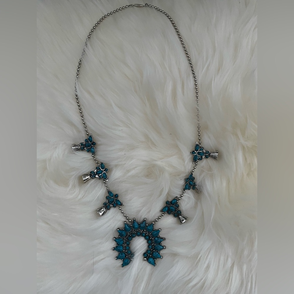 Chic Silver and Blue Squash Blossom Necklace